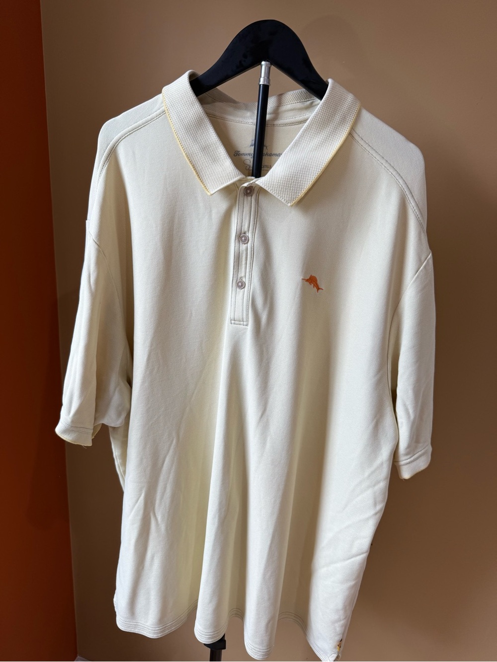 Tommy Bahama Cream Polo with Yellow Trim and Orange Logo